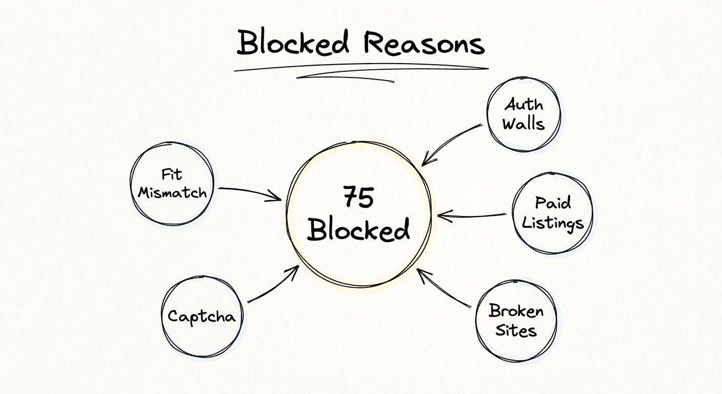 Excalidraw-style blocker map for why 75 attempts were blocked