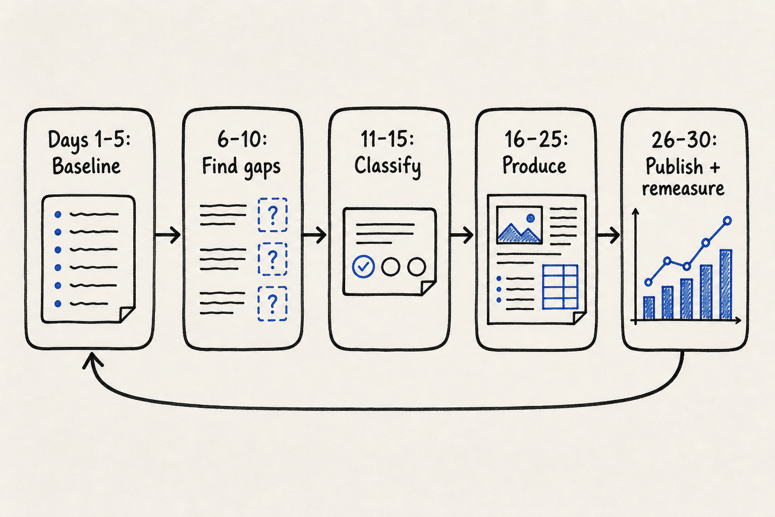 Thirty-day AI SEO operating cycle from baseline and gap discovery through classification, production, publishing, and remeasurement