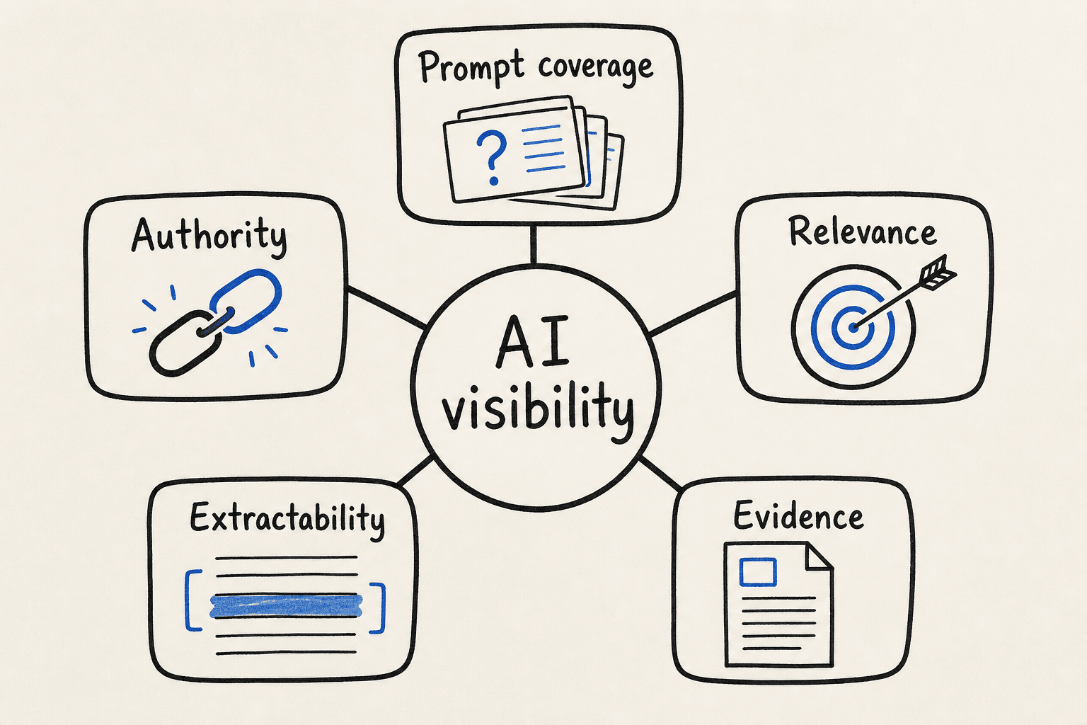 Five-part AI SEO operating model connecting prompt coverage, relevance, evidence, extractability, and authority to AI visibility