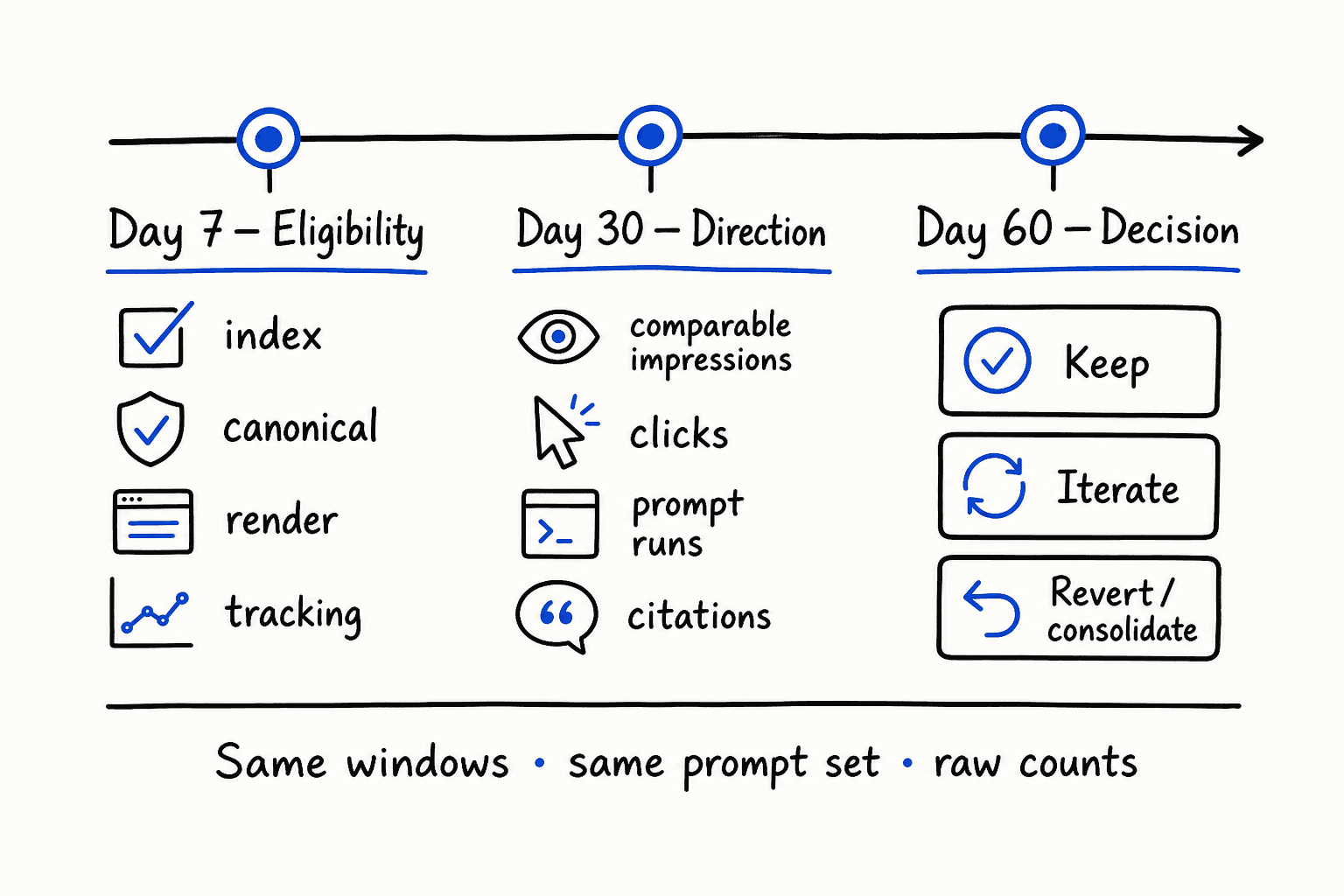Post-refresh measurement timeline for eligibility checks at day 7, directional comparison at day 30, and keep, iterate, or consolidate decisions at day 60