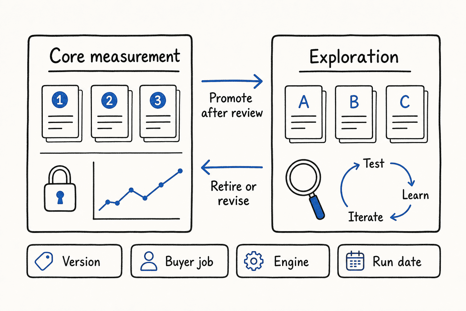 Prompt portfolio governance board separating stable core measurement prompts from exploration prompts and recording version, buyer job, engine, and run date