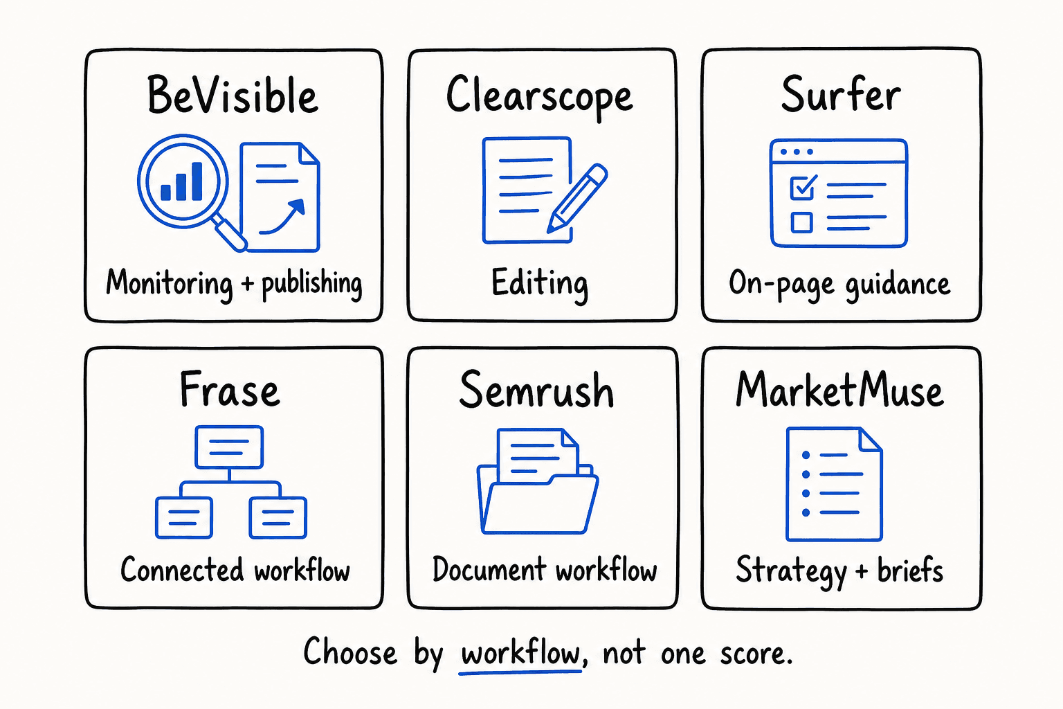 Comparison board showing BeVisible first for monitoring and publishing, followed by the primary workflow strengths of Clearscope, Surfer, Frase, Semrush, and MarketMuse