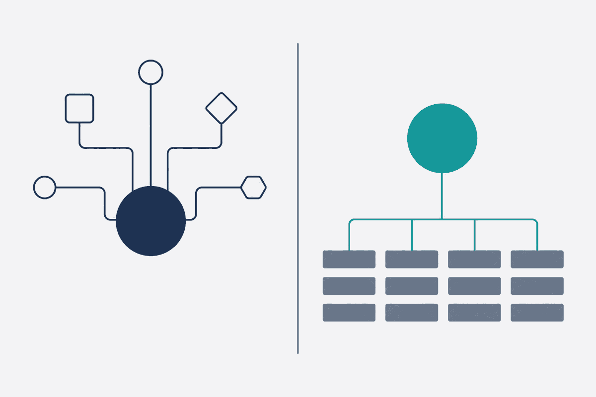 A minimalist vector comparison diagram in navy blue and teal showing two distinct nodes representing the Title Tag and H1 Tag