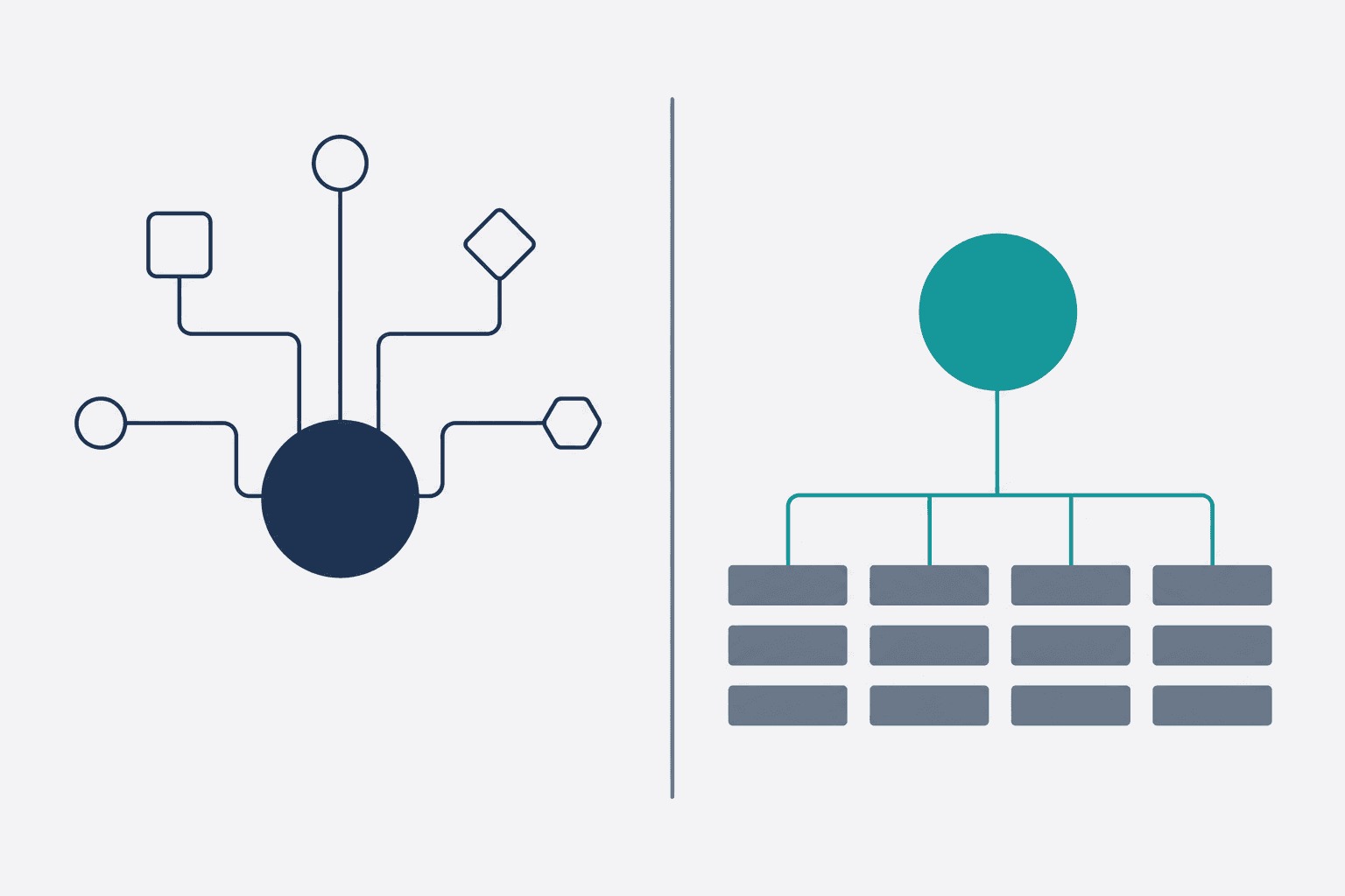 A minimalist vector comparison diagram in navy blue and teal showing two distinct nodes representing the Title Tag and H1 Tag