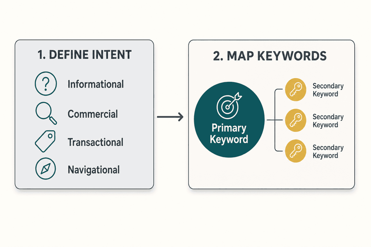 A professional infographic showing the first two steps of an SEO brief: Step 1 shows four icons for search intent (Informatio