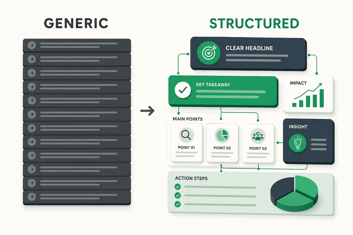 A side-by-side comparison illustration: the left side shows a dense, repetitive block of charcoal bars labeled 'Generic', whi