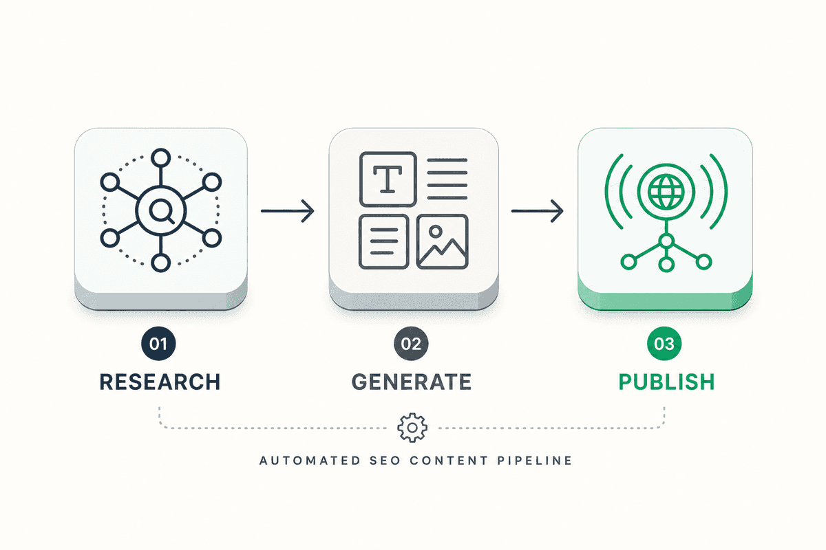 A 16:9 editorial infographic showing a horizontal three-step workflow for automated SEO content: Research, Generate, and Publ
