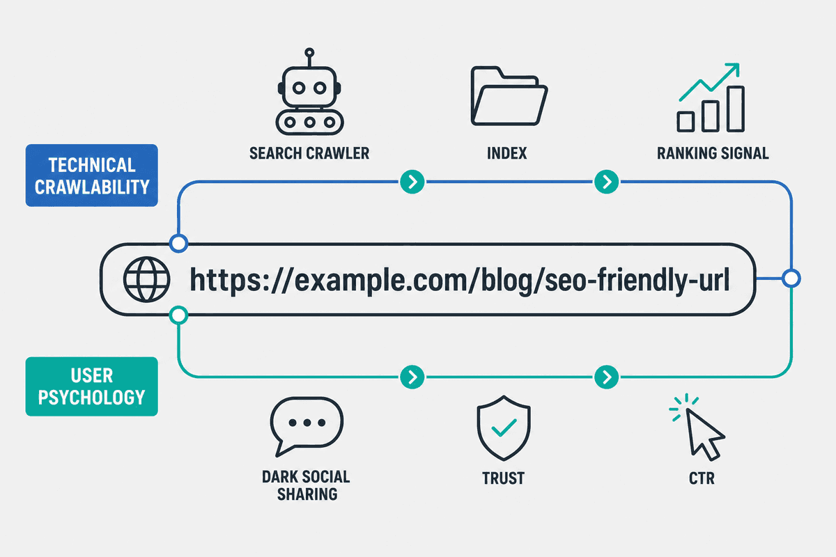 A horizontal infographic showing how a clean URL structure bifurcates into technical benefits like crawlability and indexing,