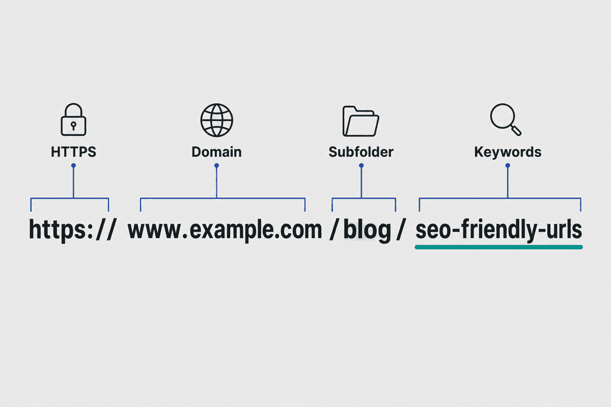 An infographic diagram breaking down the components of an SEO-friendly URL into protocol, domain, category, and keyword slug,