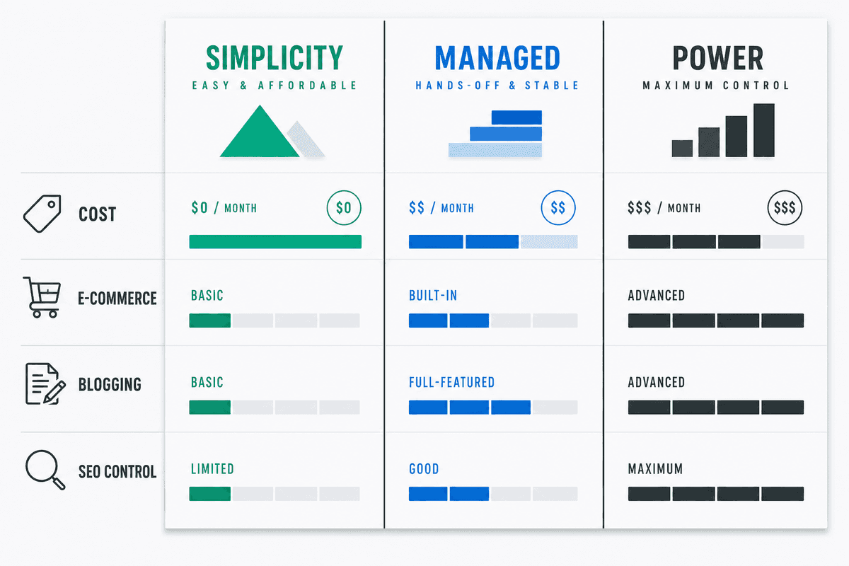 A professional 16:9 landscape infographic comparing CMS features using a three-column grid. The design uses a minimalist pale
