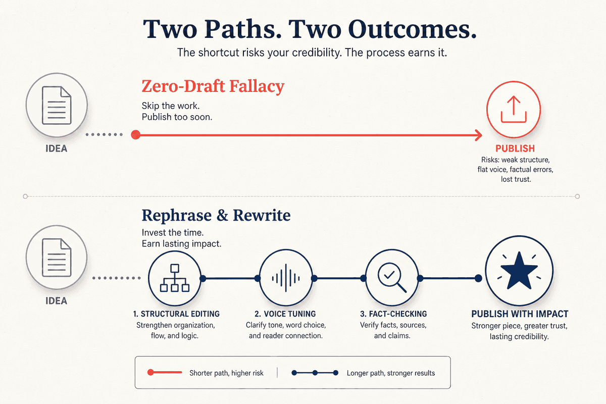 An infographic comparing the 'Zero-Draft Fallacy' (a short, direct line) with a 'Rephrase & Rewrite' process (a multi-step ci