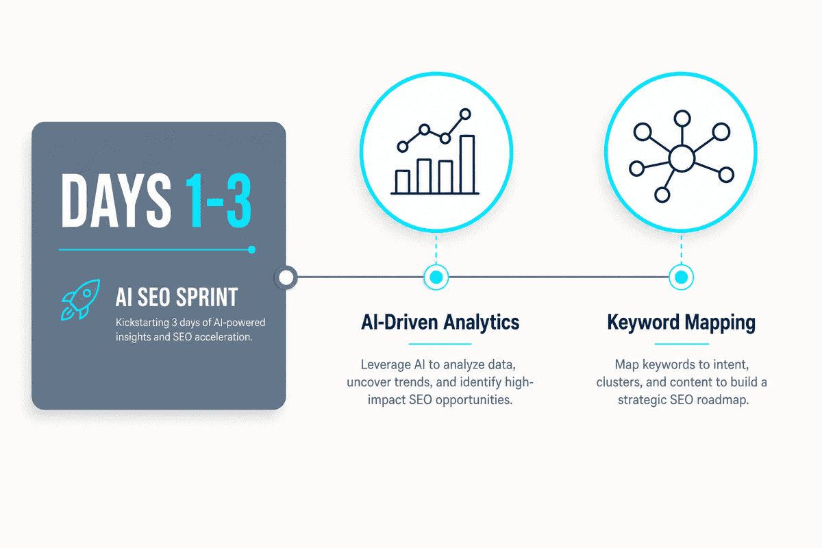 A clean, horizontal infographic illustrating the first three days of an SEO framework, highlighting analytics and keyword map