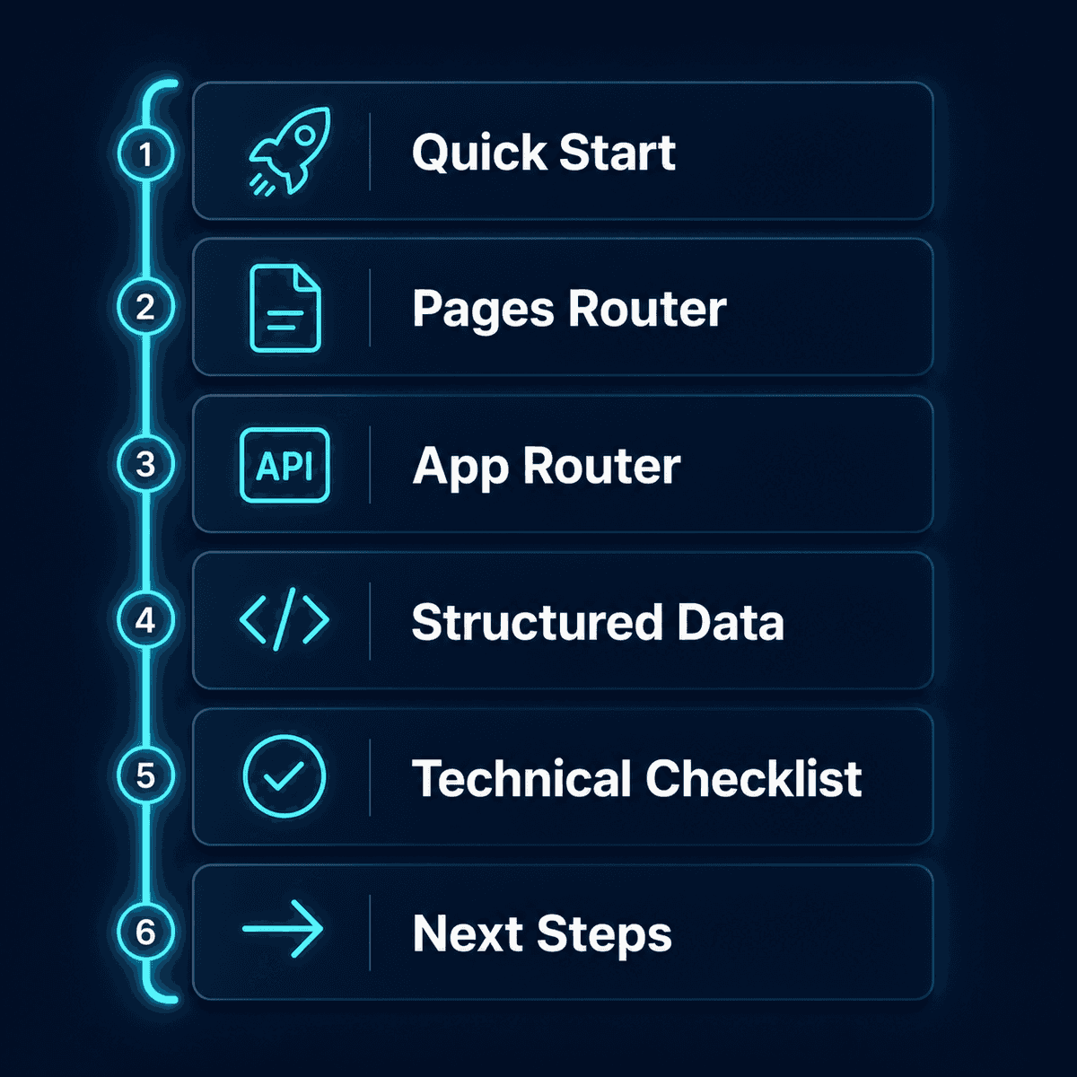 A vertical checklist infographic titled 'Table of Contents' for a Next.js SEO guide. It features six chapters with cyan icons