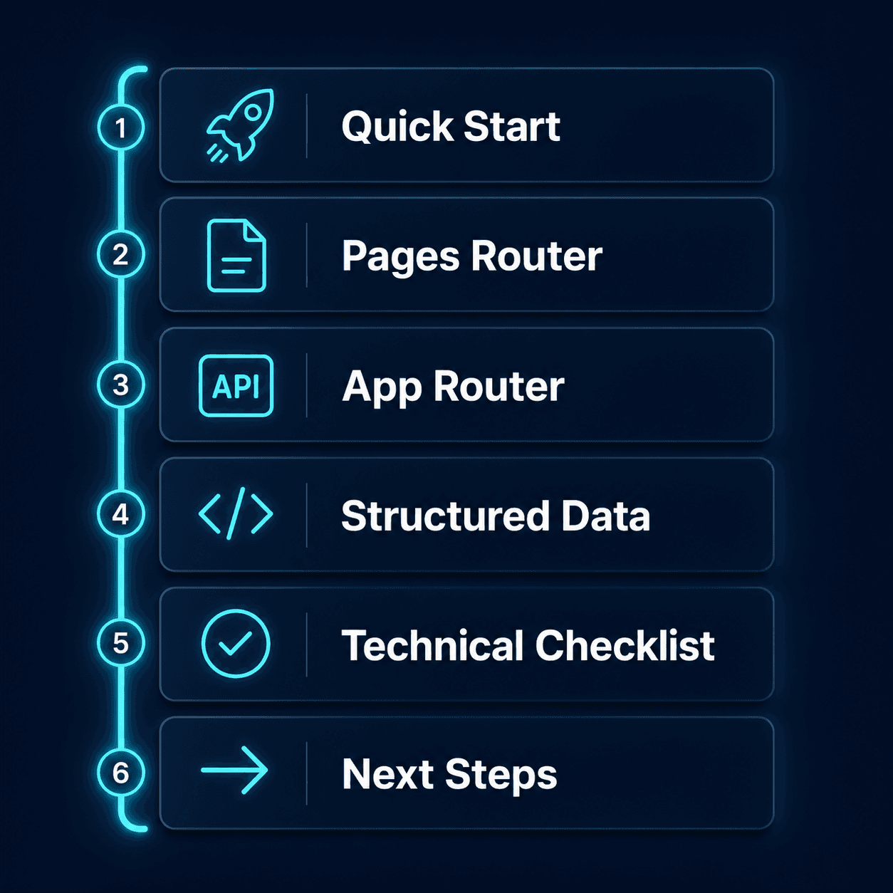 A vertical checklist infographic titled 'Table of Contents' for a Next.js SEO guide. It features six chapters with cyan icons