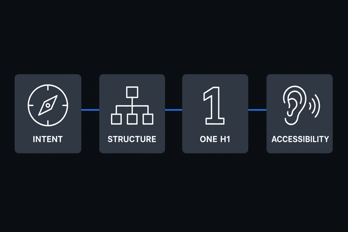A 2D flat-style infographic on a charcoal background displaying four key takeaways for heading structure: Intent, Structure,
