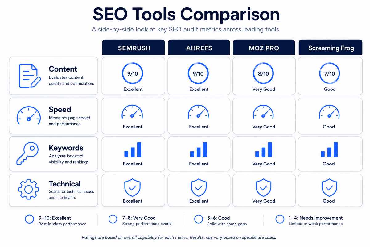A professional 16:9 editorial infographic showing a horizontal comparison grid of SEO tool features with minimalist icons and
