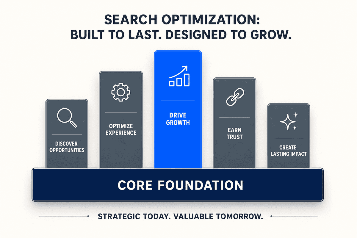 An editorial infographic displaying a solid dark blue foundation block supporting several vertical gray and blue pillars with