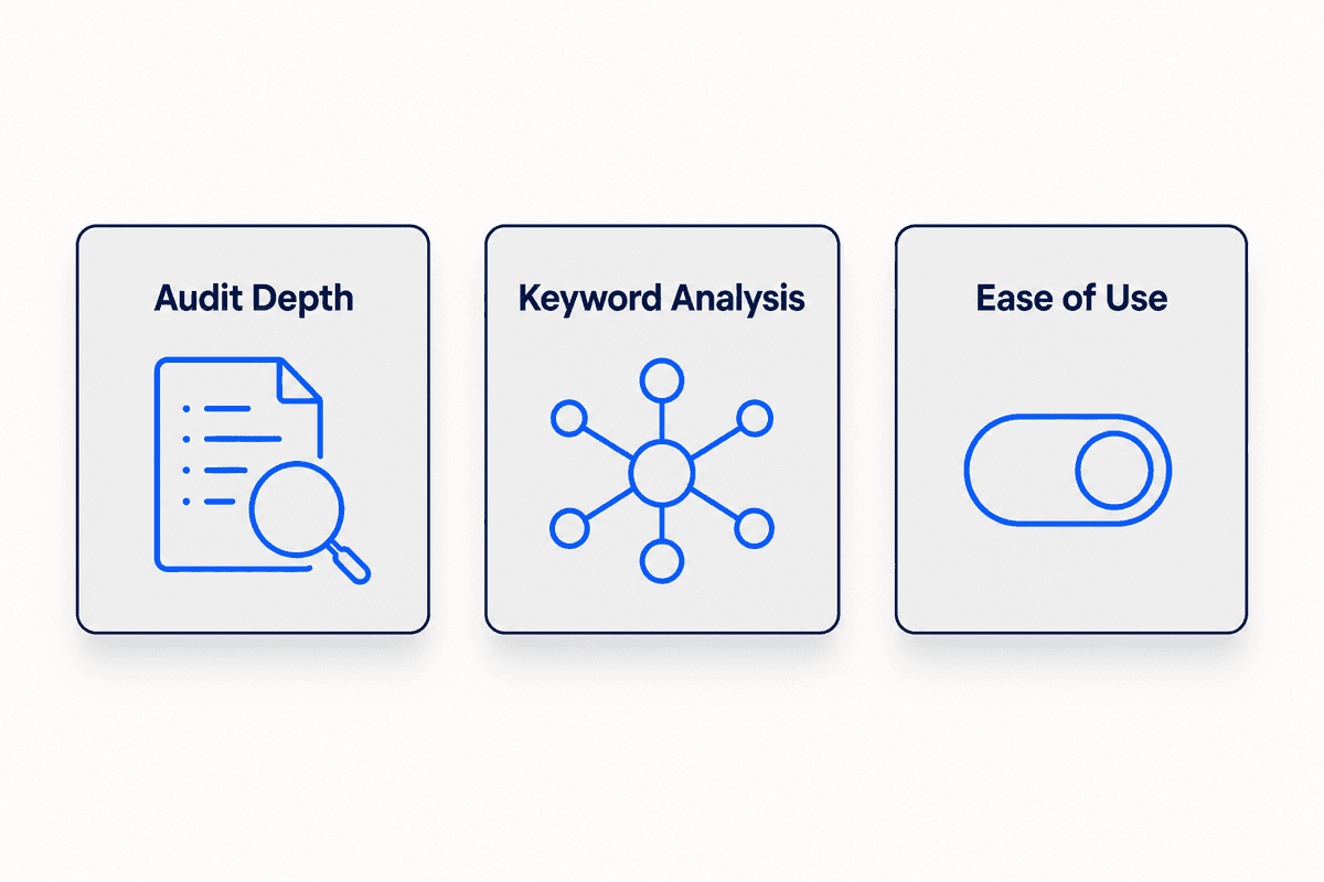 An editorial infographic illustrating three key criteria for choosing an on-page SEO tool: Audit Depth, Keyword Analysis, and