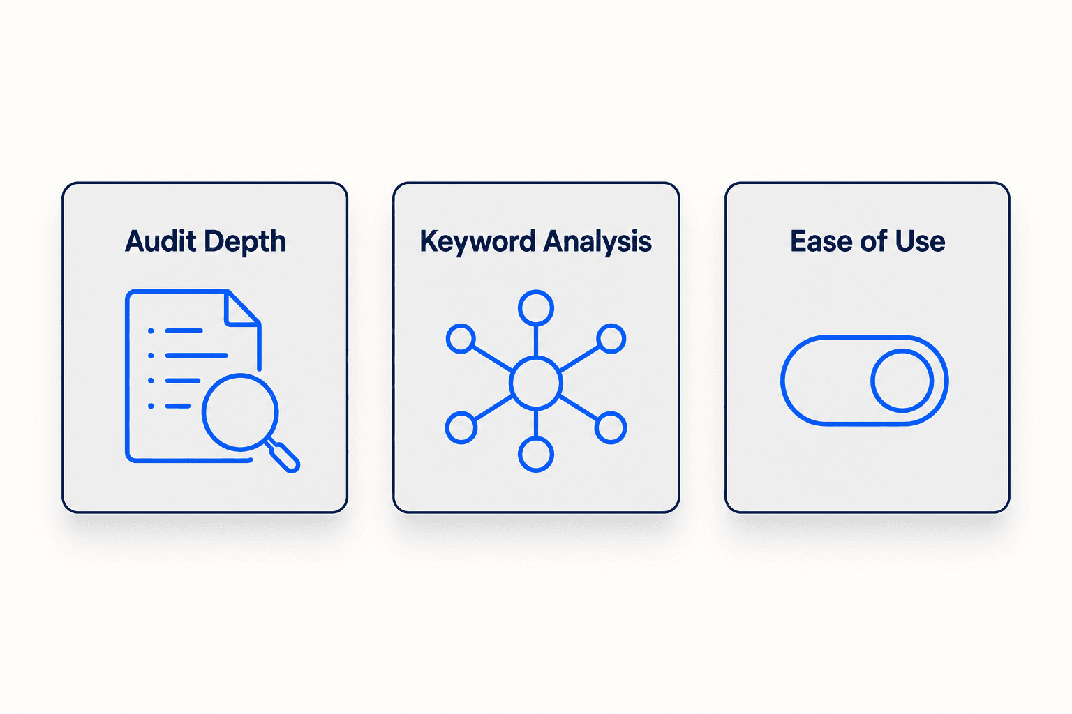 An editorial infographic illustrating three key criteria for choosing an on-page SEO tool: Audit Depth, Keyword Analysis, and