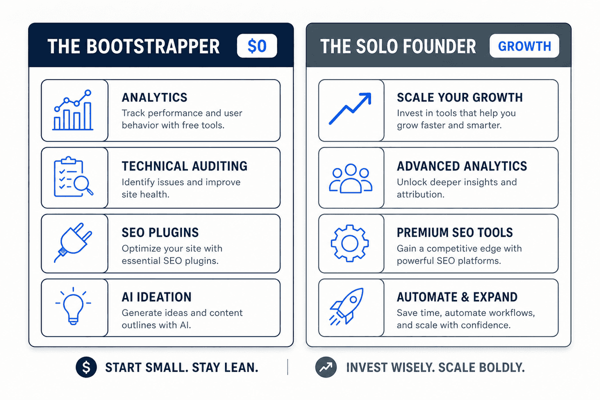 A horizontal comparison infographic showing two tiers of software stacks: a free 'Bootstrapper' stack and a paid 'Solo Founde