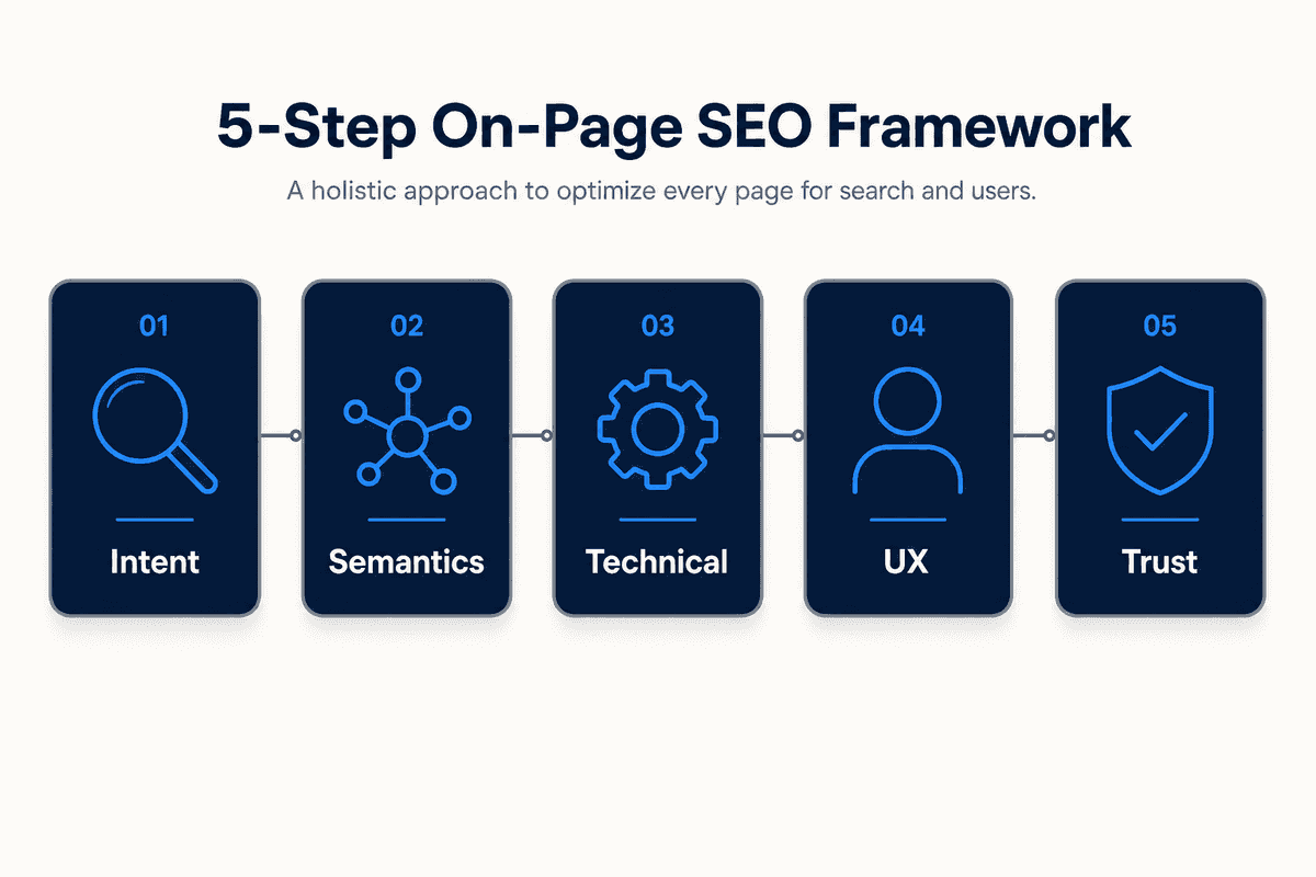 A horizontal infographic illustrating a five-step framework for On-Page SEO in 2026, featuring icons for Intent, Semantics, T