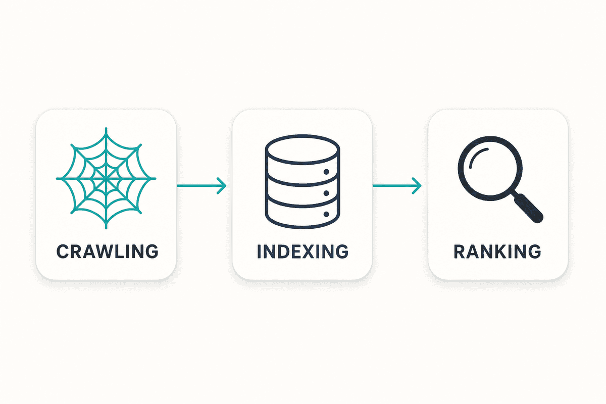 A professional minimalist flowchart showing the three-step process of search engine operation: crawling, indexing, and rankin