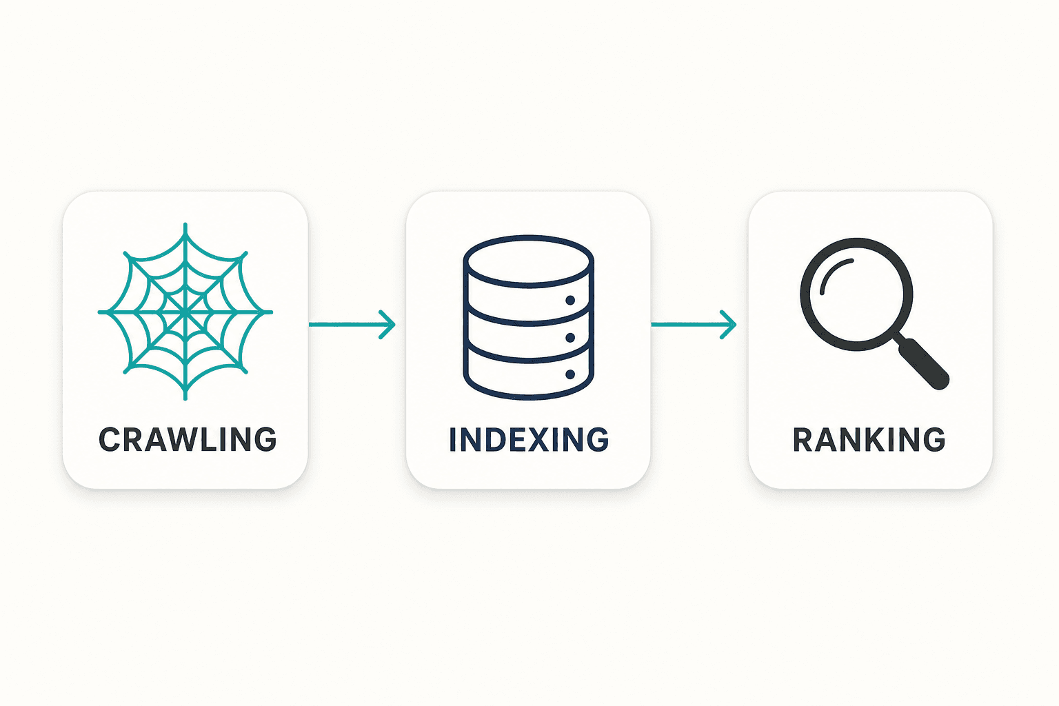 A professional minimalist flowchart showing the three-step process of search engine operation: crawling, indexing, and rankin