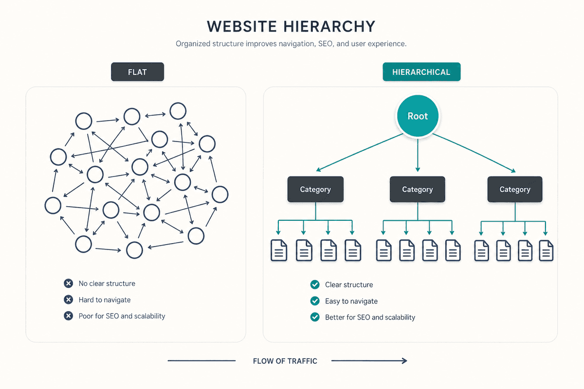 A minimalist 16:9 infographic comparing a disorganized 'flat' website structure with a cluster of random dots to an organized