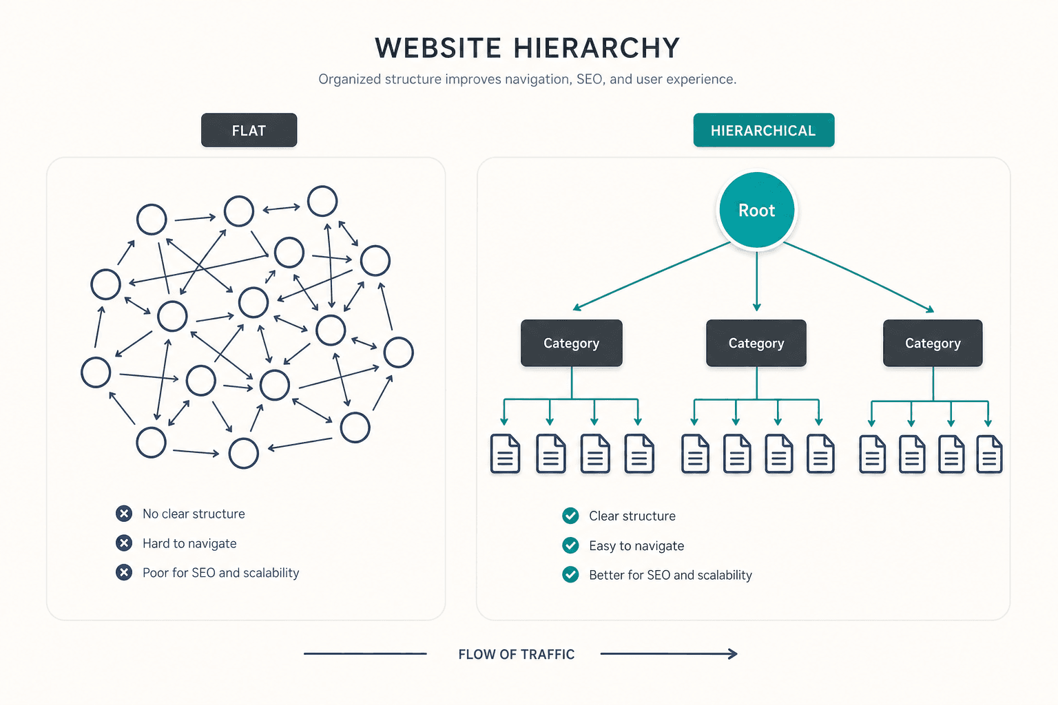A minimalist 16:9 infographic comparing a disorganized 'flat' website structure with a cluster of random dots to an organized