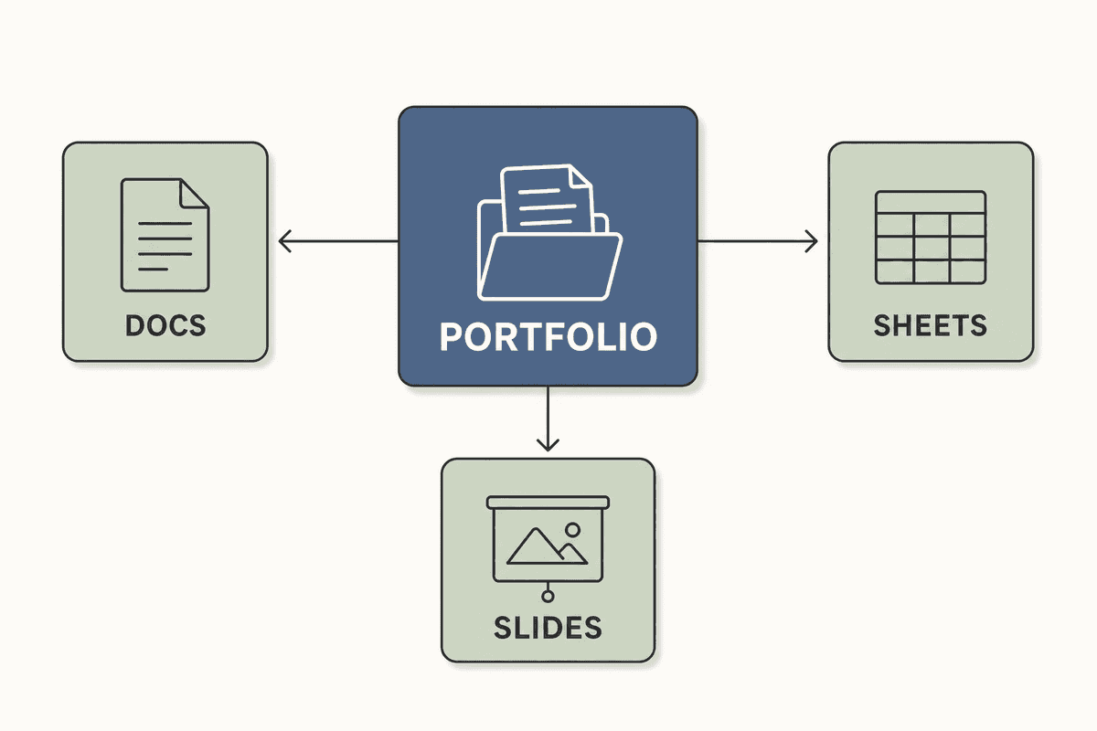 A conceptual vector diagram showing a central 'Portfolio' card connected by arrows to 'Docs', 'Sheets', and 'Slides' cards, i