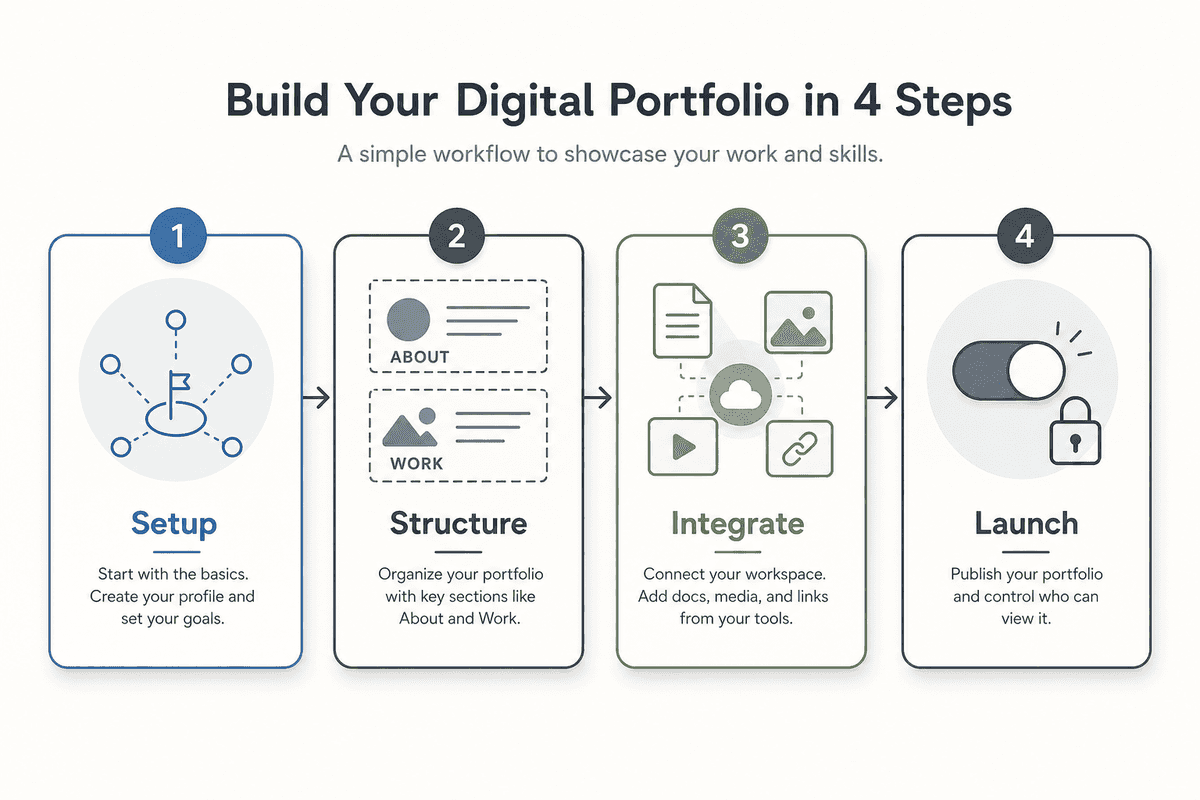 A clean four-step process infographic in an editorial vector style, illustrating the sequence of building a portfolio: initia
