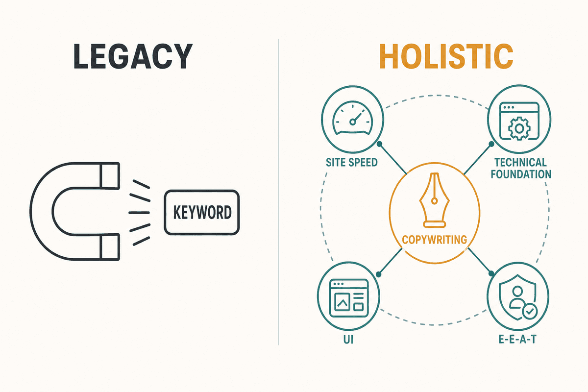 A professional 16:9 comparison infographic showing the evolution from Legacy SEO to Holistic SEO. On one side, a simple icon
