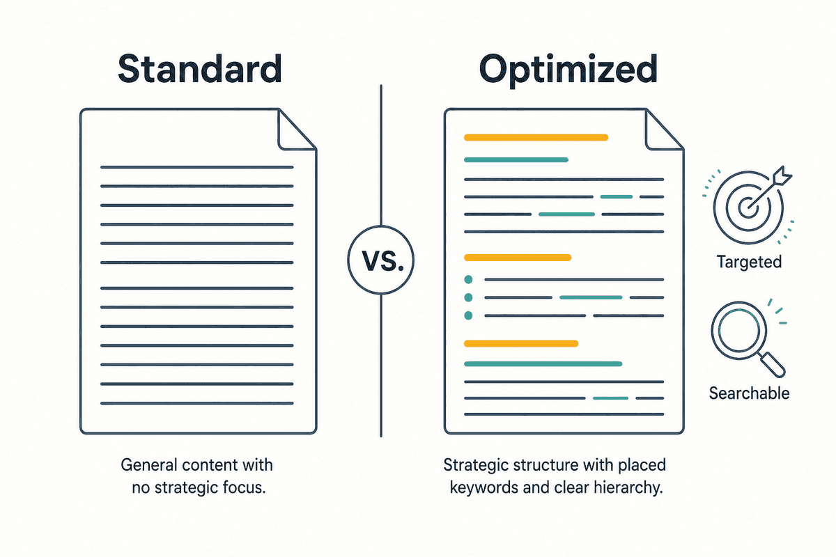 A professional horizontal comparison infographic showing the difference between standard writing and SEO-optimized copy using