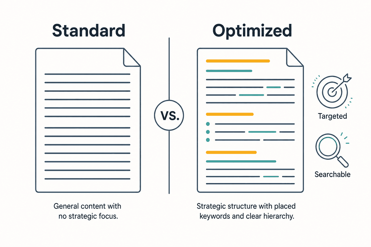 A professional horizontal comparison infographic showing the difference between standard writing and SEO-optimized copy using