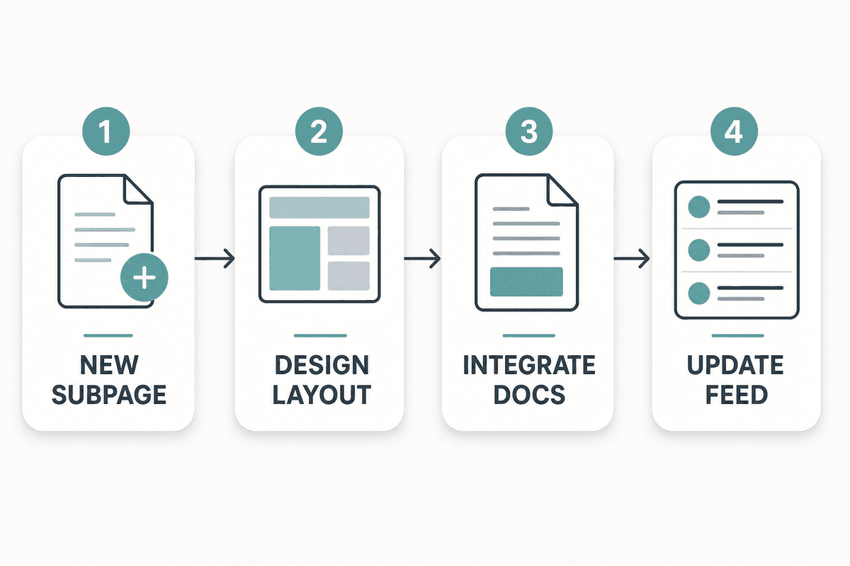 A four-step horizontal flowchart showing the manual process of creating a Google Sites blog: Create Subpage, Design Layout, I
