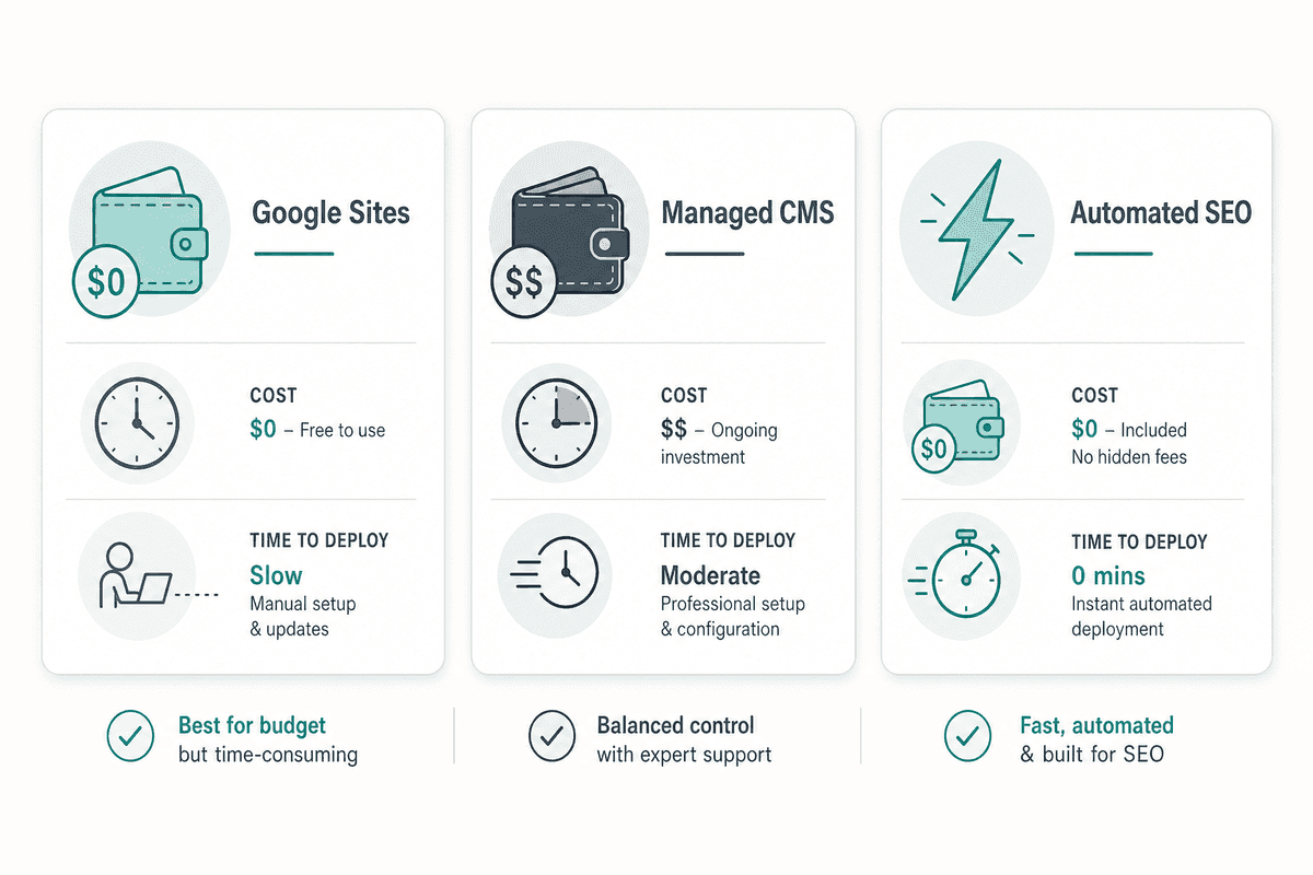 A comparison infographic showing the trade-offs between Google Sites, Managed CMS, and Automated SEO across hosting costs and