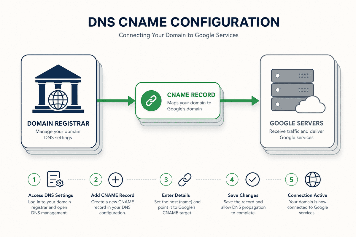 A professional infographic flowchart showing the directional flow of traffic from a domain registrar to Google servers via a