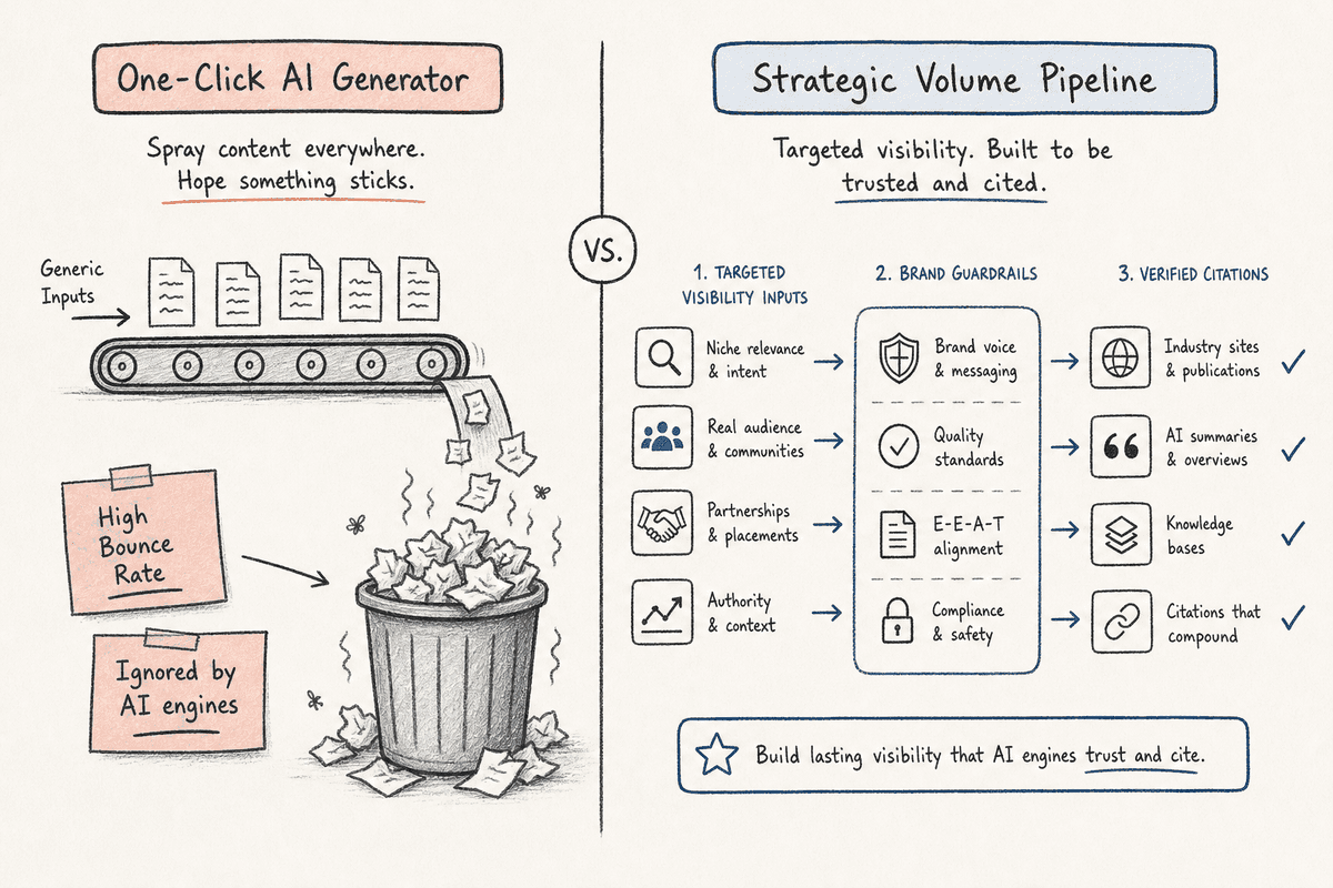 Hand-drawn comparison diagram contrasting low-quality one-click AI blog generation with strategic visibility-led content pipe