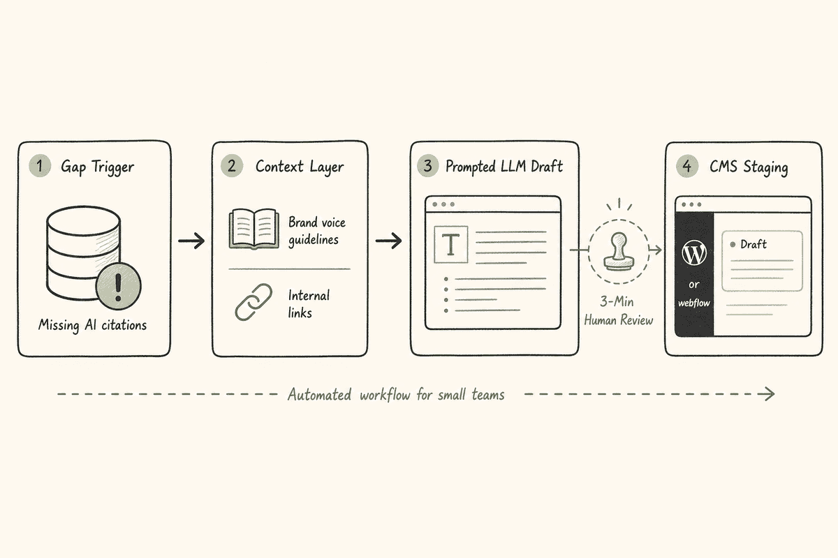 Clean workflow diagram showing an end-to-end automated content publishing pipeline with human-in-the-loop review