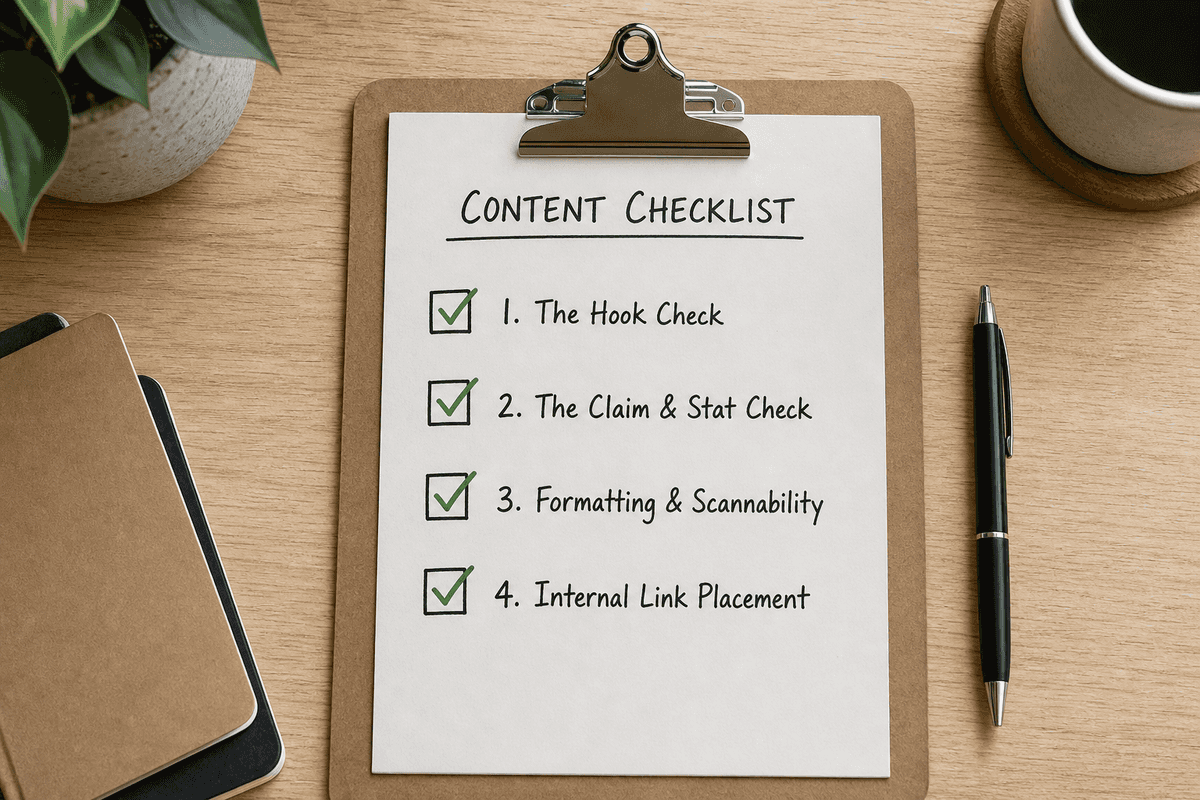 Editorial checklist document on a clipboard showing the four-step quality control process for reviewing AI-drafted blog posts