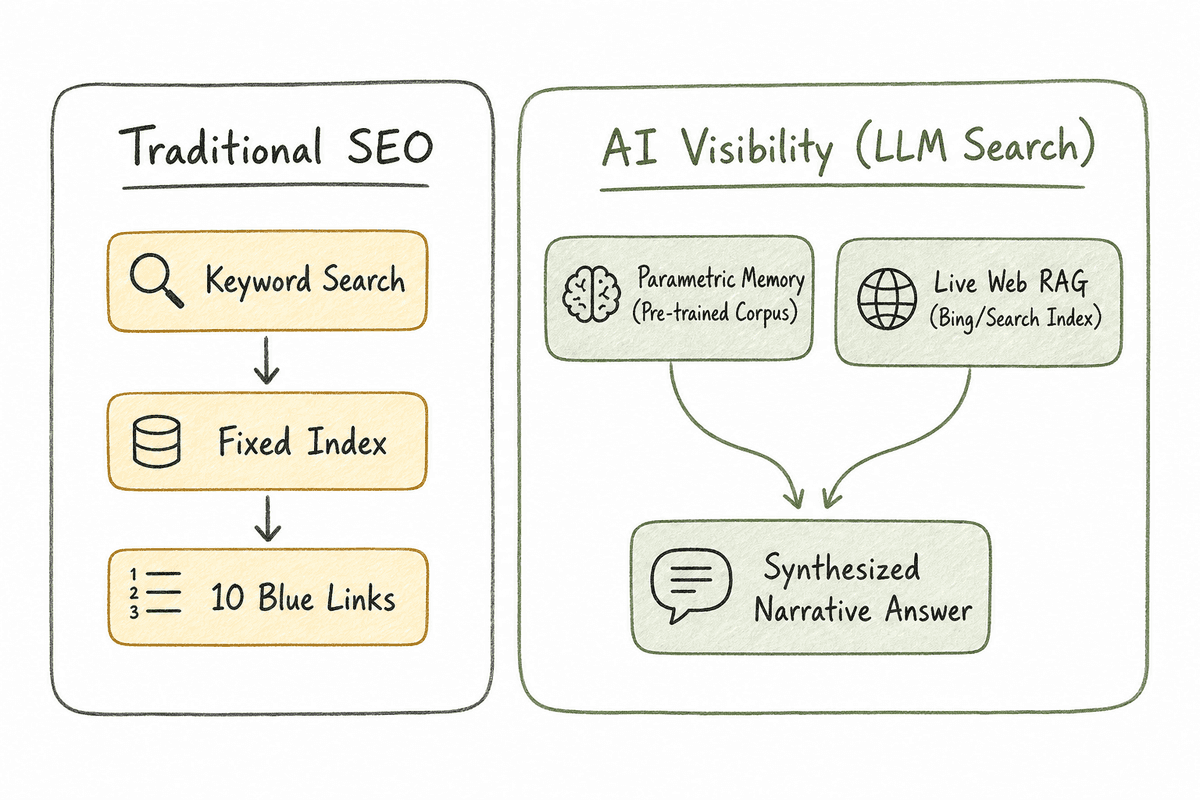 Diagram comparing traditional search engine ranking mechanics with AI synthesized retrieval and memory.