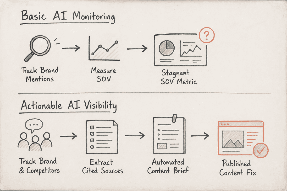 Flowchart contrasting passive AI mention monitoring dashboards against actionable citation and content execution workflows.