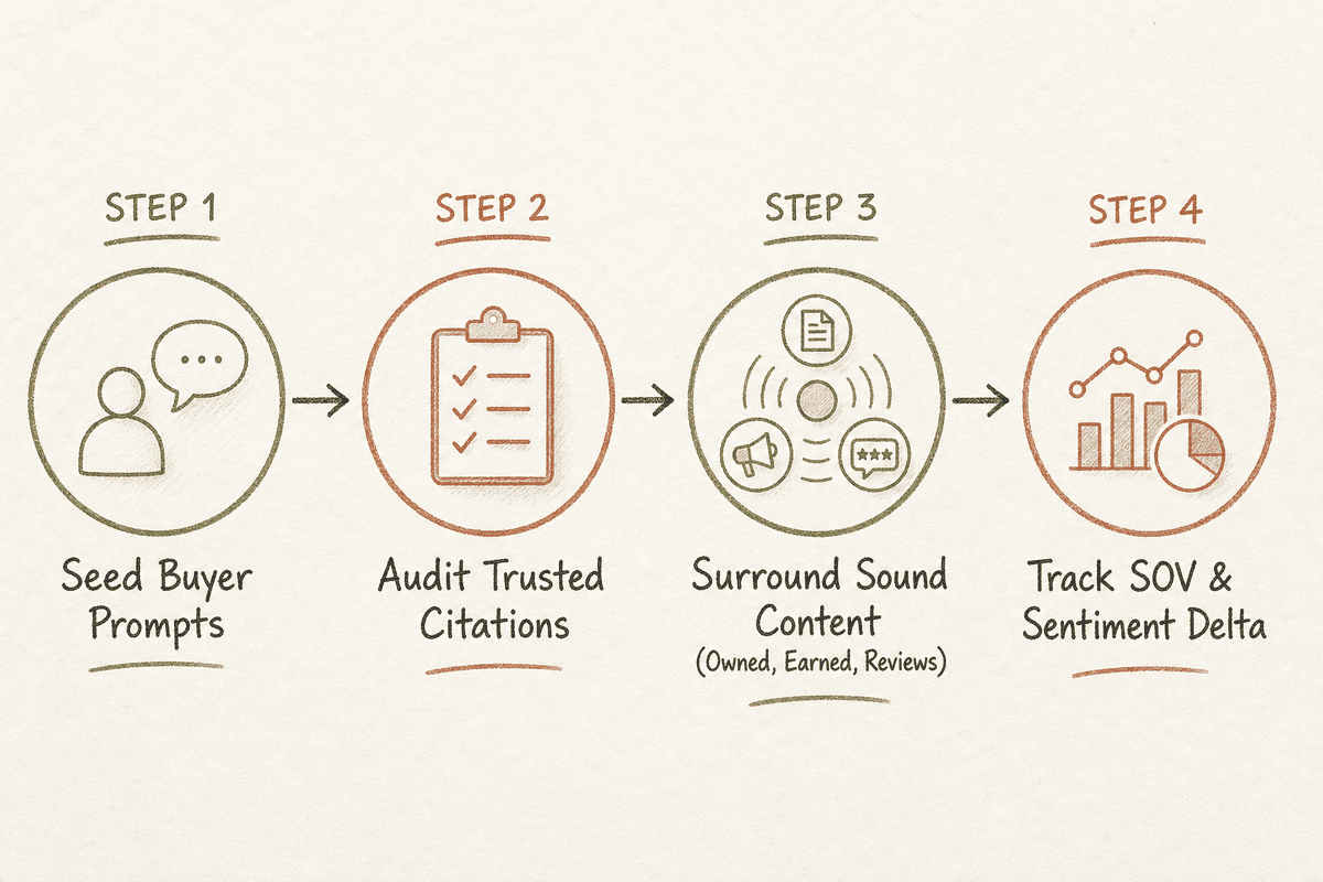 Step-by-step roadmap showing the 4-phase AI search optimization and brand visibility strategy.