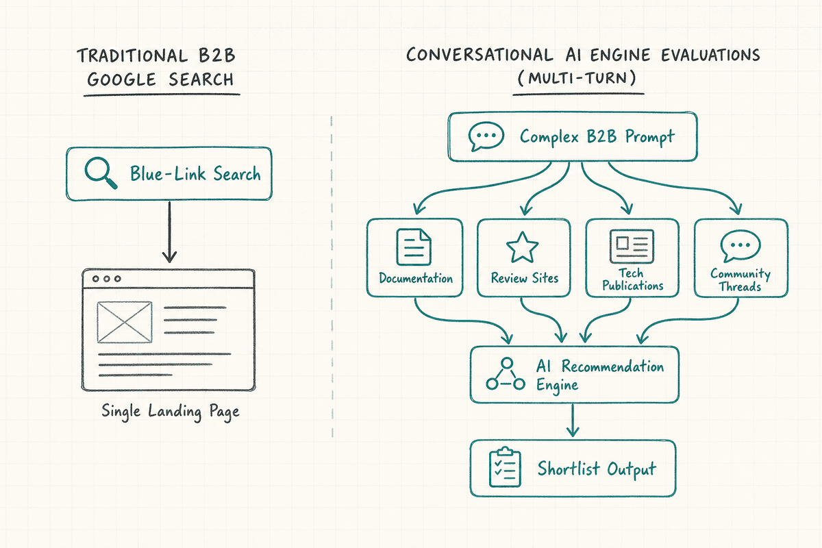 Excalidraw diagram comparing traditional blue-link search to multi-source B2B AI recommendation workflows.
