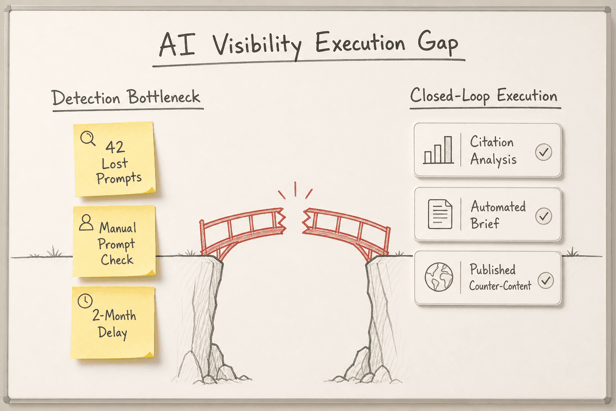 Whiteboard illustration showing the execution gap between identifying lost AI prompts and publishing corrective content.