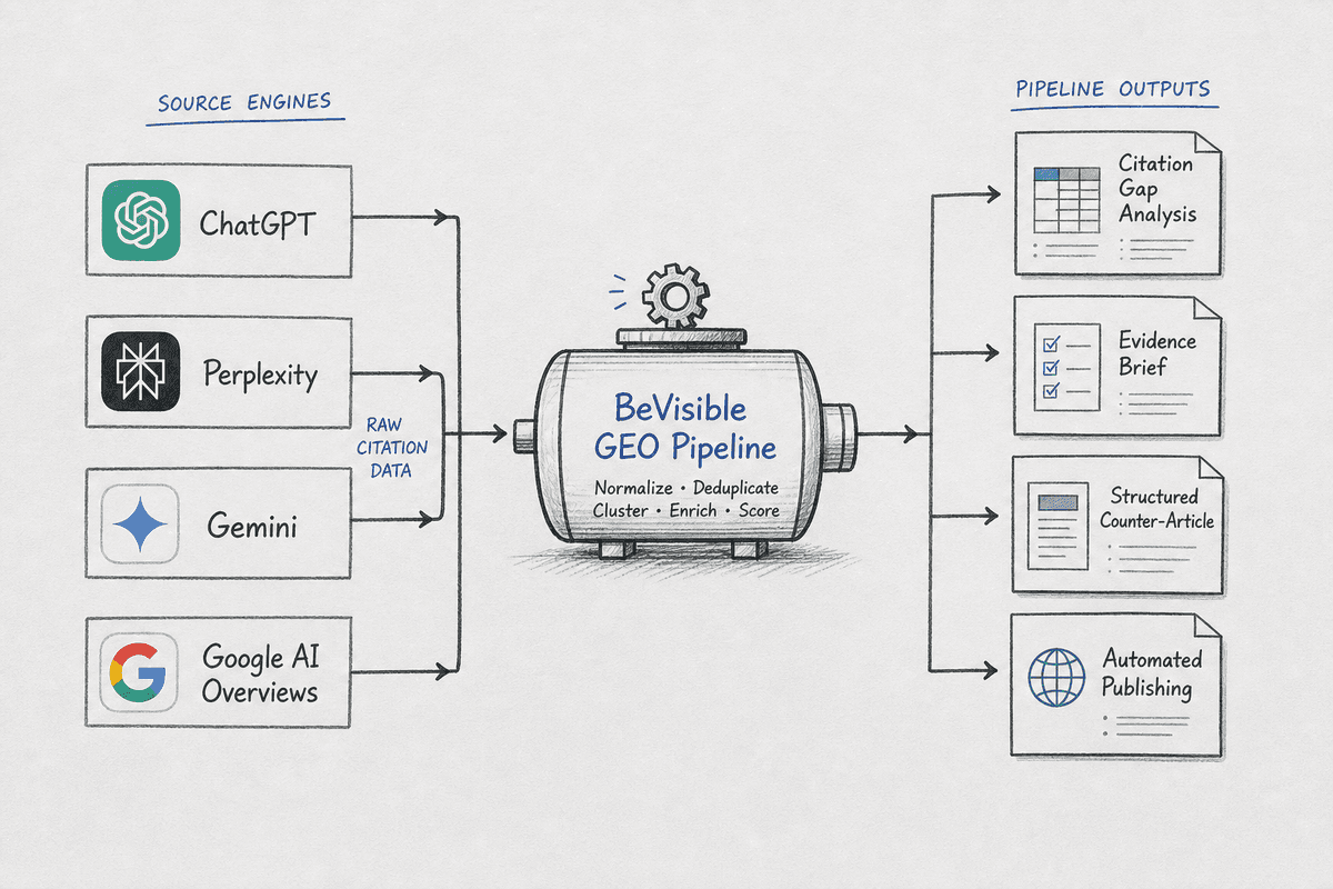Diagram showing LLM citation data flowing through BeVisible into automated content and publishing outputs.