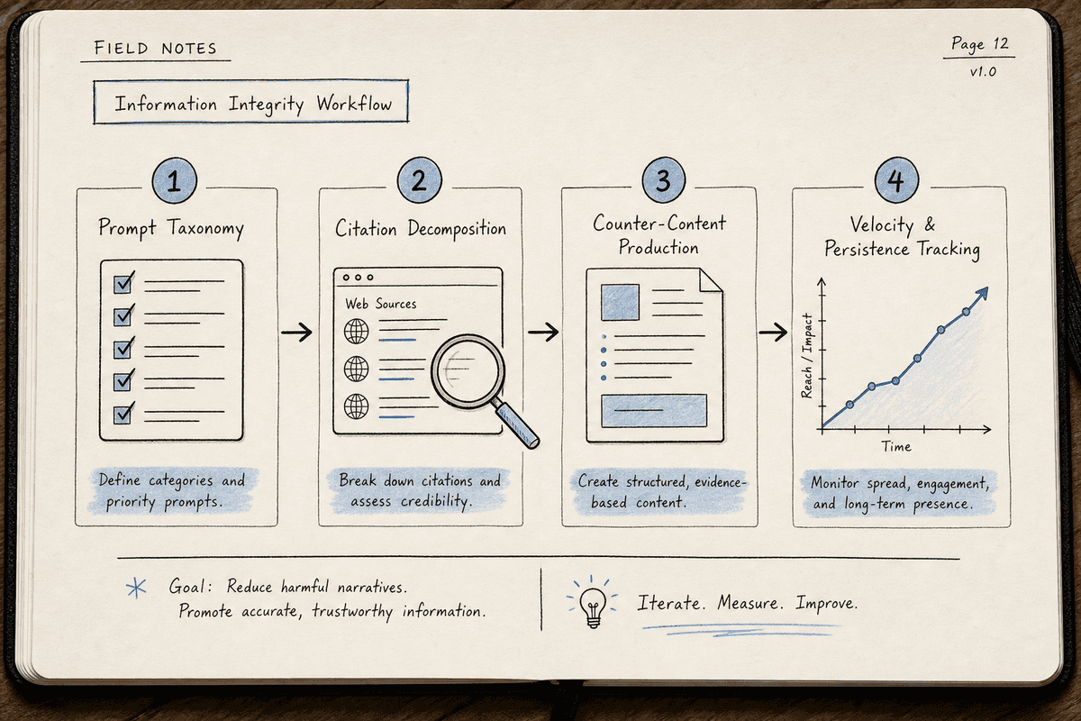 Four-stage process framework map for B2B AI visibility monitoring, citation analysis, and content execution.