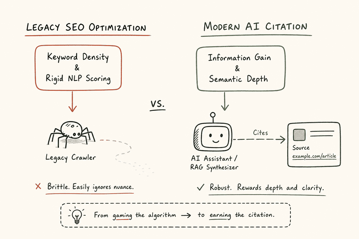 Diagram comparing legacy keyword scoring with modern AI citation and retrieval-augmented generation standards.