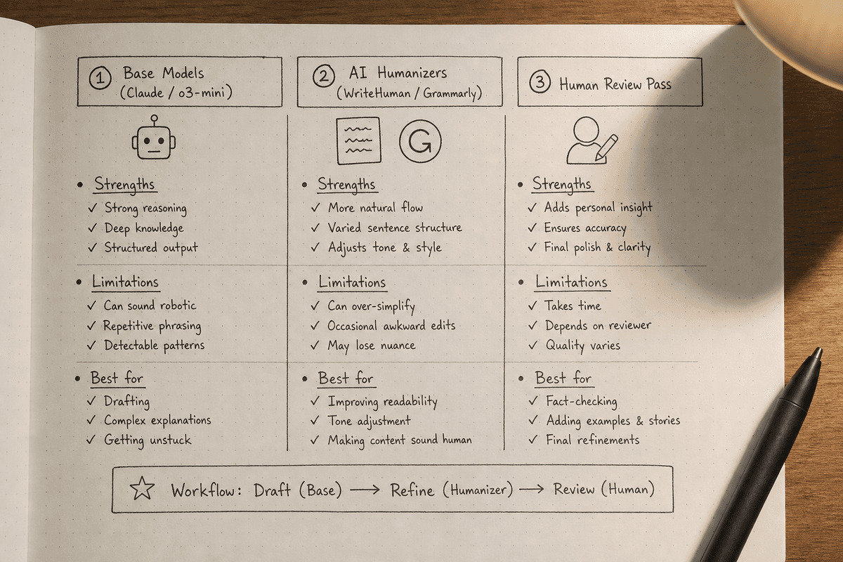 Hand-sketched comparison workflow showing base LLMs, dedicated AI humanizers, and human editorial oversight.