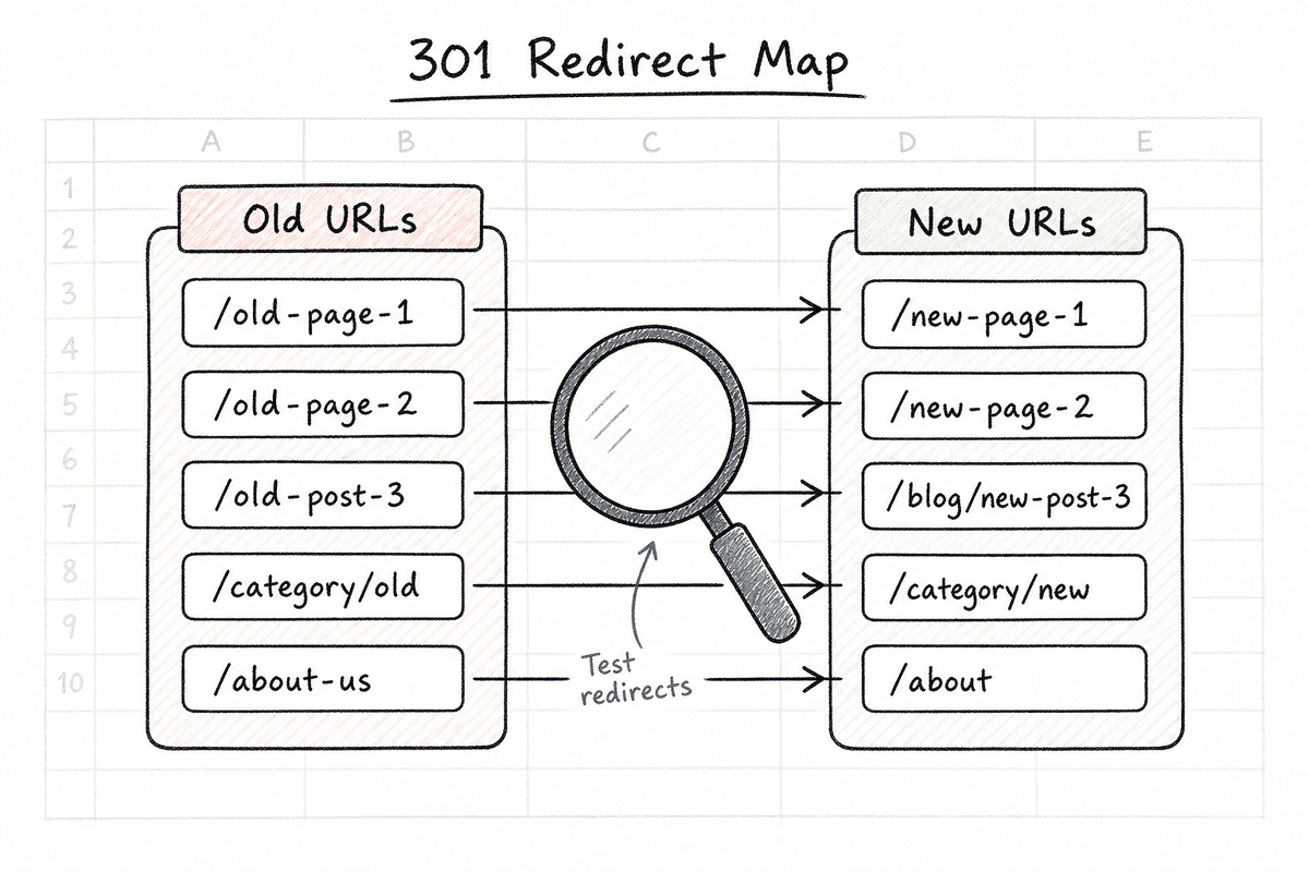 Flowchart showing how old website URLs are mapped to new URLs via 301 redirects.